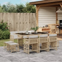 11 Piece Garden Dining Set with Cushions Beige Poly Rattan