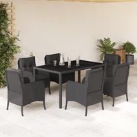 7 Piece Garden Dining Set with Cushions Black Poly Rattan