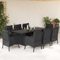 9 Piece Garden Dining Set with Cushions Black Poly Rattan