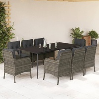9 Piece Garden Dining Set with Cushions Grey Poly Rattan