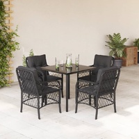 5 Piece Garden Dining Set with Cushions Black Poly Rattan