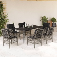 7 Piece Garden Dining Set with Cushions Grey Poly Rattan