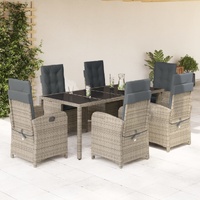 7 Piece Garden Dining Set with Cushions Grey Poly Rattan