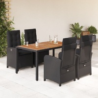 5 Piece Garden Dining Set with Cushions Black Poly Rattan