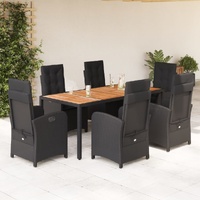 7 Piece Garden Dining Set with Cushions Black Poly Rattan