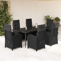 7 Piece Garden Dining Set with Cushions Black Poly Rattan
