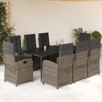 9 Piece Garden Dining Set with Cushions Grey Poly Rattan