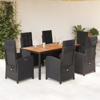 7 Piece Garden Dining Set with Cushions Black Poly Rattan