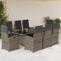 9 Piece Garden Dining Set with Cushions Grey Poly Rattan