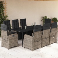 9 Piece Garden Dining Set with Cushions Grey Poly Rattan