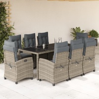 9 Piece Garden Dining Set with Cushions Grey Poly Rattan