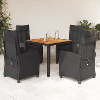 5 Piece Garden Dining Set with Cushions Black Poly Rattan