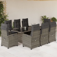 9 Piece Garden Dining Set with Cushions Grey Poly Rattan