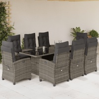 9 Piece Garden Dining Set with Cushions Grey Poly Rattan