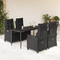 5 Piece Garden Dining Set with Cushions Black Poly Rattan