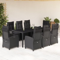 9 Piece Garden Dining Set with Cushions Black Poly Rattan