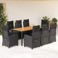 9 Piece Garden Dining Set with Cushions Black Poly Rattan