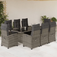 9 Piece Garden Dining Set with Cushions Grey Poly Rattan