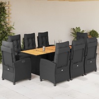9 Piece Garden Dining Set with Cushions Black Poly Rattan