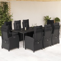 9 Piece Garden Dining Set with Cushions Black Poly Rattan