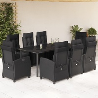9 Piece Garden Dining Set with Cushions Black Poly Rattan