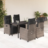 5 Piece Garden Dining Set with Cushions Grey Poly Rattan