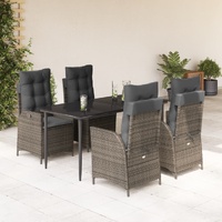 5 Piece Garden Dining Set with Cushions Grey Poly Rattan