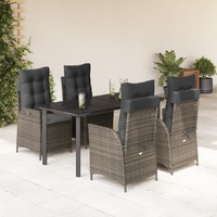 5 Piece Garden Dining Set with Cushions Grey Poly Rattan