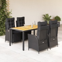 5 Piece Garden Dining Set with Cushions Black Poly Rattan