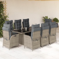 9 Piece Garden Dining Set with Cushions Grey Poly Rattan