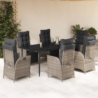 7 Piece Garden Dining Set with Cushions Grey Poly Rattan