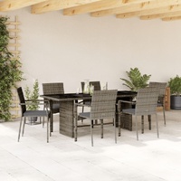 7 Piece Garden Dining Set with Cushions Grey Poly Rattan