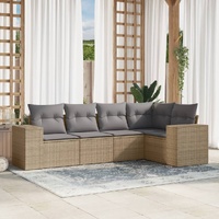 5 Piece Garden Sofa Set with Cushions Beige Poly Rattan
