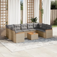 10 Piece Garden Sofa Set with Cushions Mix Beige Poly Rattan