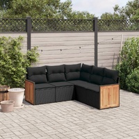 5 Piece Garden Sofa Set with Cushions Black Poly Rattan