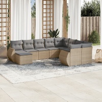 10 Piece Garden Sofa Set with Cushions Beige Poly Rattan