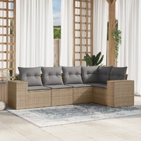 5 Piece Garden Sofa Set with Cushions Beige Poly Rattan