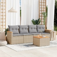 5 Piece Garden Sofa Set with Cushions Beige Poly Rattan