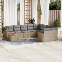 10 Piece Garden Sofa Set with Cushions Beige Poly Rattan