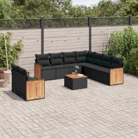 10 Piece Garden Sofa Set with Cushions Black Poly Rattan