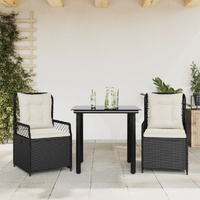 3 Piece Garden Dining Set with Cushions Black Poly Rattan