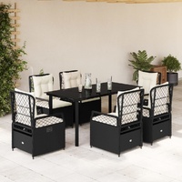 7 Piece Garden Dining Set with Cushions Black Poly Rattan