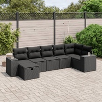 7 Piece Garden Sofa Set with Cushions Black Poly Rattan