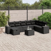 9 Piece Garden Sofa Set with Cushions Black Poly Rattan
