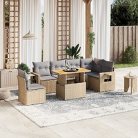 7 Piece Garden Sofa Set with Cushions Beige Poly Rattan