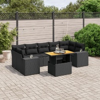 8 Piece Garden Sofa Set with Cushions Black Poly Rattan