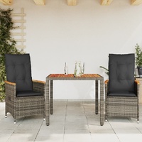 3 Piece Bistro Set with Cushions Grey Poly Rattan