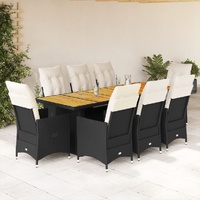 9 Piece Garden Bistro Set with Cushions Black Poly Rattan