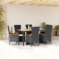 7 Piece Garden Dining Set with Cushions Black Poly Rattan