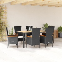 7 Piece Garden Dining Set with Cushions Black Poly Rattan